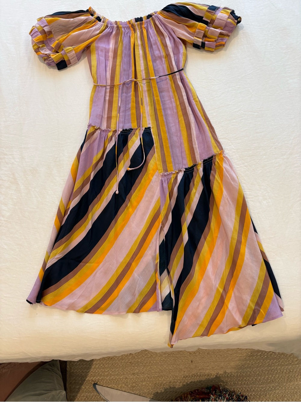 Apiece Apart Striped Off-Shoulder Maxi Dress in Pink, Yellow & Black